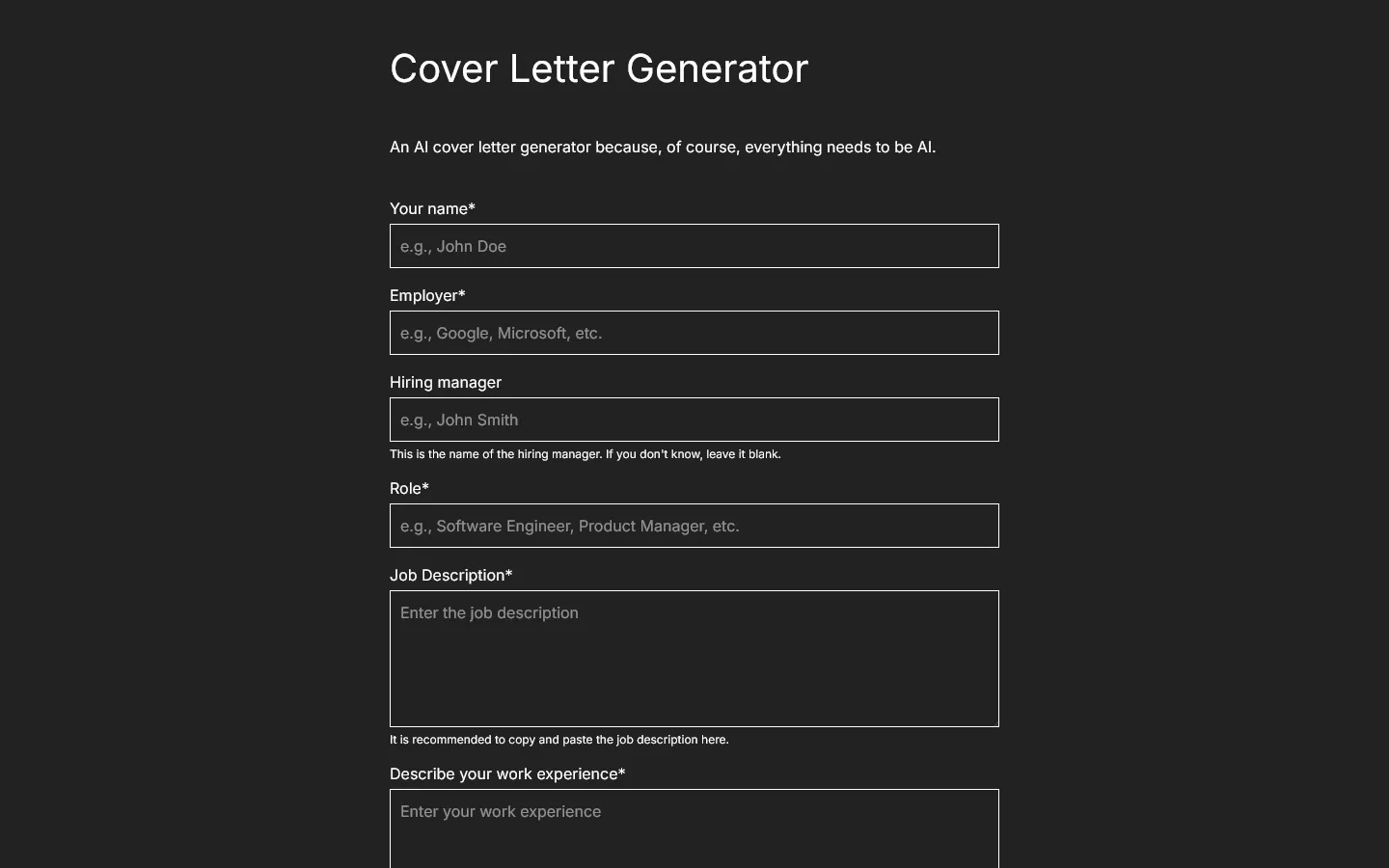 Screenshot of the desktop site of the AI cover letter web app